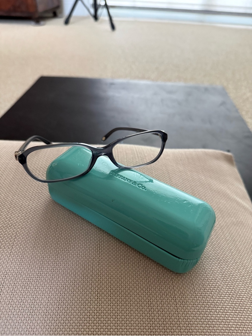 Tiffany & Co. Turquoise Eyeglass Case with Black Reading Glasses